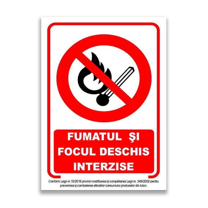 Set de 2 indicatoare A5 - FUMATUL ȘI FOCUL DESCHIS INTERZISE (cu menționarea Legii relevante)
